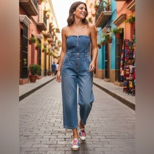 Women’s BAYEAS Annesa Denim Wide Leg Strapless Jumpsuit size 32 Color Dreaming